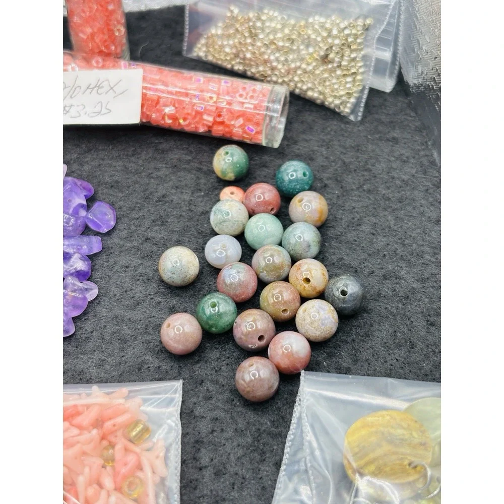 Lot of Jewelry Making Bead mix Amethyst Gemstone Chips Jade shell olive wood Hex